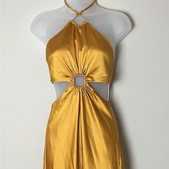 NEW Alice Elle Formal Long Dress Size 8 Yellow Gold Satin Halter Side Cutouts - Picture 3 of 8